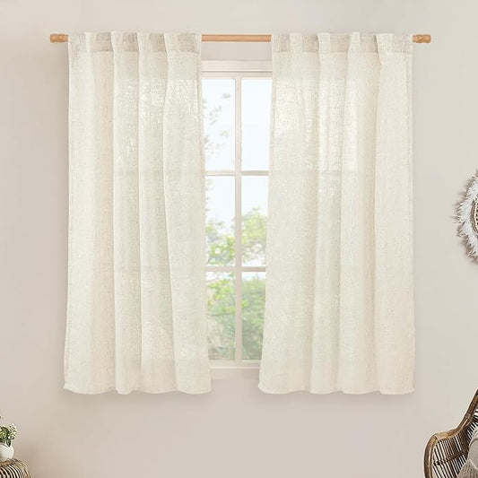 LAMIT Natural Linen Semi Sheer Curtains 45 Inch, Light Filtering Neutral Window Curtains for Bedroom Farmhouse Boho Back Tab and Rod Pocket Panels, Natural Cream Ivory, 2 Panels, 38 x 45 Inch
