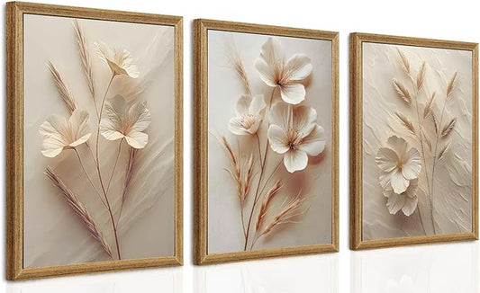 arfitest 3Pcs framed Neutral Beige Floral Canvas Wall art Modern Simple Texture Flower Plant Painting Picture Wall Decor Vintage Blossom Poster Print for Living Room Bedroom Bathroom (16x24 inches)