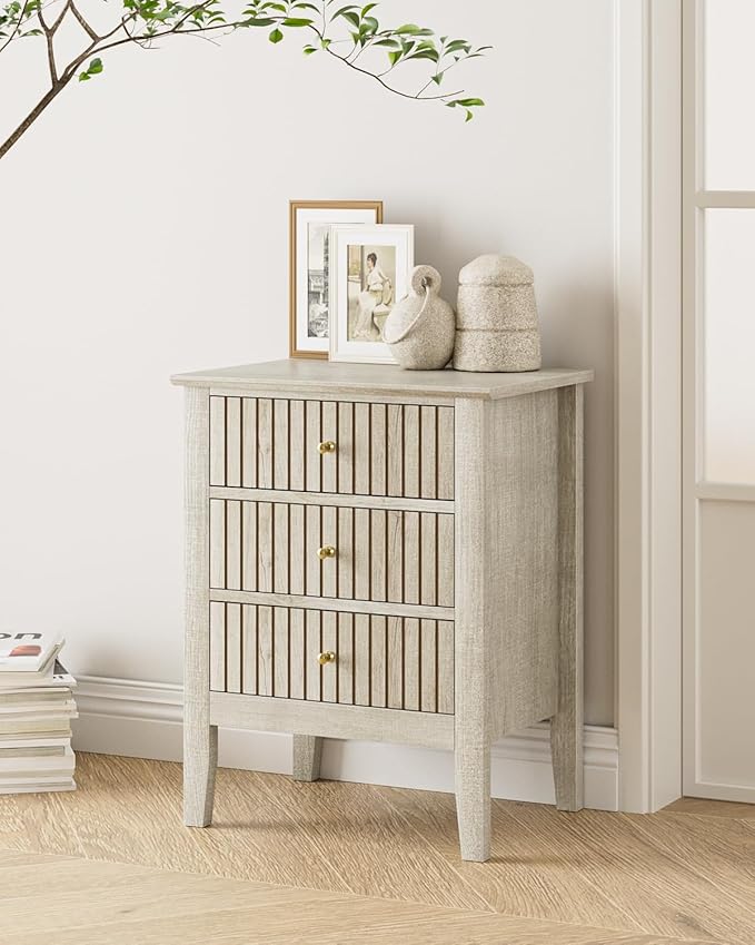 Night Stand, Fluted Nightstand Bedside Tall Farmhouse Nightstand with 3 Drawers, Mid Century Modern Side Accent Table,Bedside End Table for Bedroom, Living Room, Beige