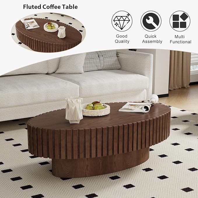 Oval Fluted Coffee Table Mid Century Modern Coffee Tables with Handcrafted Relief Ellipse Drum End Table Rustic Industrial Center Tables for Apartment Living Room (Brown Oval)