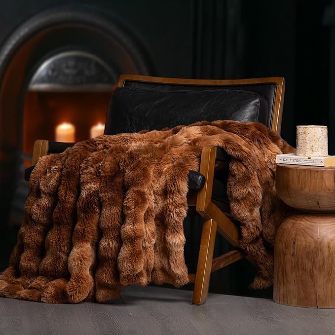 EverGrace Ultra Soft Luxury Fluffy Faux Rabbit Fur Throw Blanket, Thick Warm Bubble Throw for Bed, Cozy Plush Reversible Blankets for Couch, Chair, Sofa, Lion Caramel, 50x60 Inches