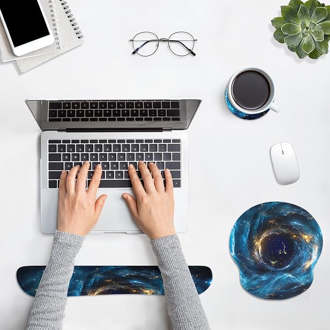 Britimes Blue Black Galaxy Space Mouse Pad 3pcs Set with Wrist Support Non-Slip Rubber Base Ergonomic Pad,Mouse Wrist Cushion Support and Coasters for Home Office Gaming Easy Typing & Pain Relief