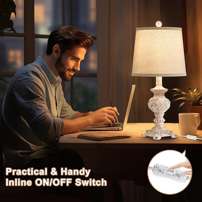 21'' Small Table Lamps for Bedroom Bedside Lamps Set of 2 Farmhouse Nightstand Lamps with Carved Floral Vintage Side Table Lamps for Living Room Kids Office, White, Bulb Not Include