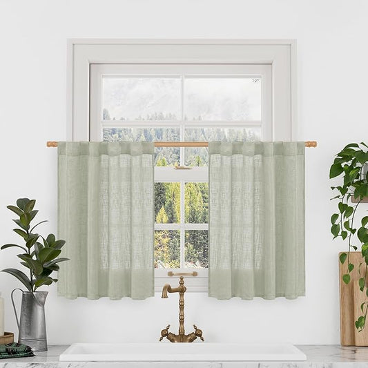 LAMIT Sage Grey Linen Kitchen Curtains 30 Inch Length, Semi Sheer Light Filtering Window Panels Back Tab and Rod Pocket Drapes for Basement/Small Windows, 34 x 30 Inch, 2 Panels