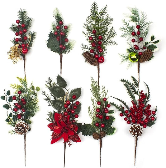 8Pack Artificial Christmas Picks - Assorted Red Berry Picks Stems & Faux Pine Picks Spray with Pinecones, Apples & Holly Leaves for Stunning Holiday Décor & Wreath Creations!
