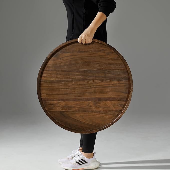 24 x 24 Inches Black Walnut Large Round Ottoman Tray, Solid Wooden Circle Platter Decorative Table Serving Tray with Handles for Oversized Ottoman Home Breakfast in Bed Tea Coffee