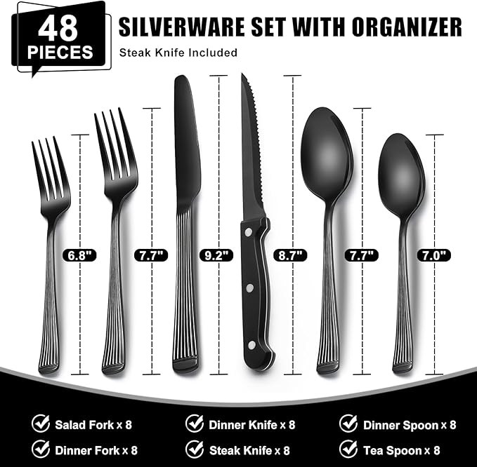 49-Piece Black Silverware Set with Organizer, Stainless Steel Roman Column Black Flatware for 8, Cutlery Utensil Sets with Steak Knives, Rust-proof, Mirror Polished, Dishwasher Safe