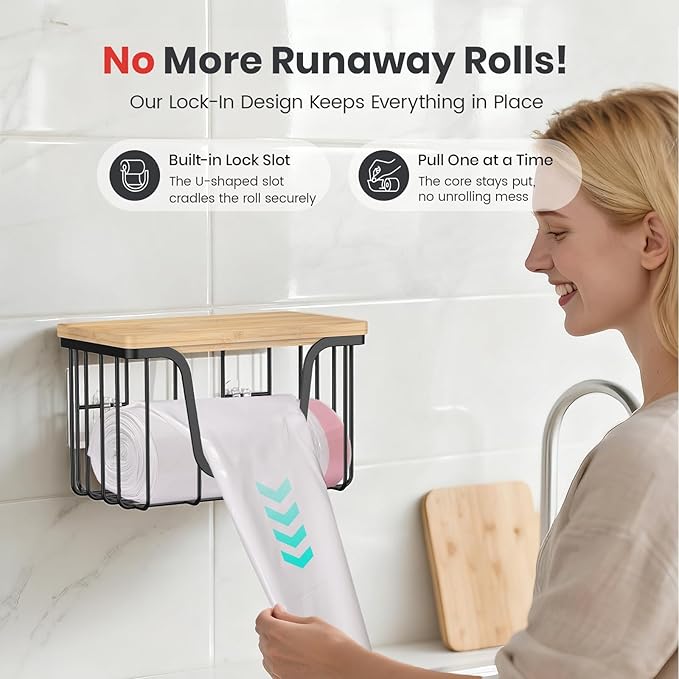 KONE Trash Bag Holder, 2 Pack Garbage Bag Dispenser, Storage Stackable Kitchen Organizer with Bamboo Top, Wall Mount Laundry Pantry Organization Black