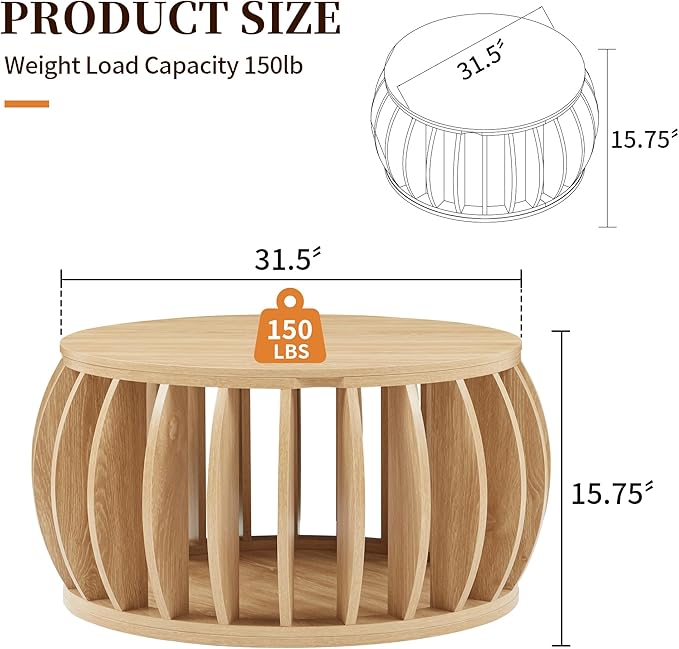 Drum Coffee Table with Storage,31.5” Wood Round Coffee Table,Farmhouse Pumpkin-Shaped Center Table for Living Room Home Office Natural