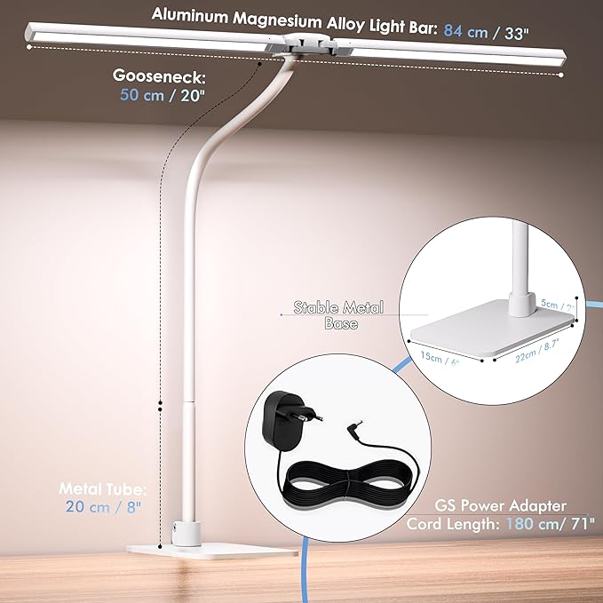 Desk Lamp with Metal Base, 31.5" LED Office Lamp for Home Office, 24W Double Head Desk Light, Dimmable & Color Temperature, Table Lamp with Remote Control, Brightest Computer Monitor Light