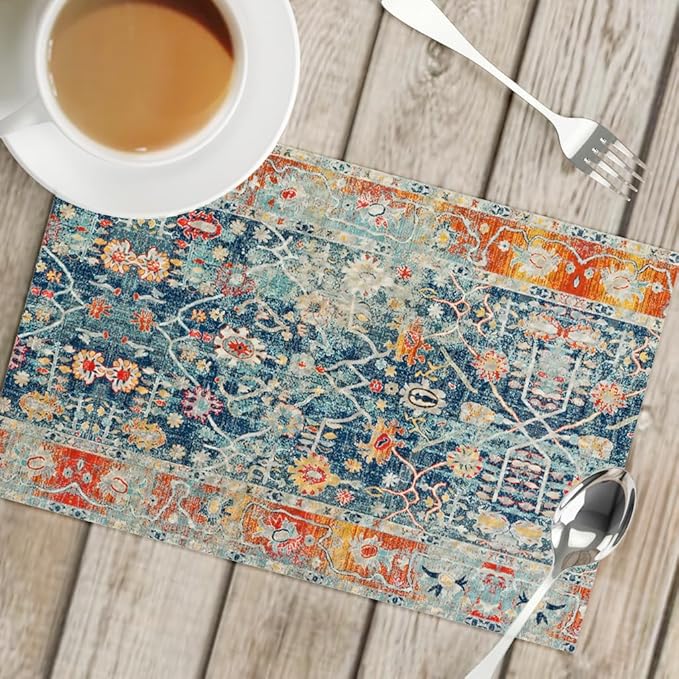 Snycler Table Runner Boho Table Runners Vintage Elegant Farmhouse Table Center Linen Decor for Home Dining Party Entrance (12x18 Inch,Set of 4) Boho-Blue&Red