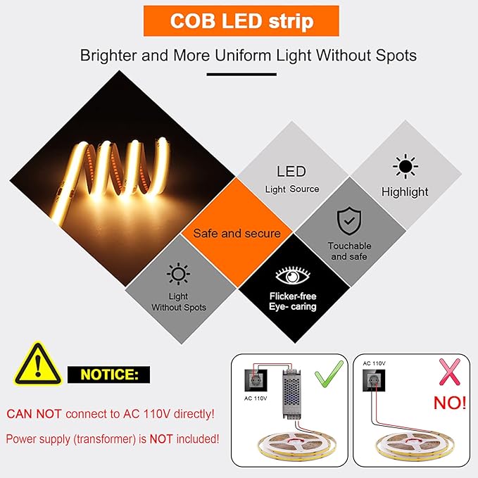 High Bright Cold Blue COB LED Light Strip Decorative Self Adhesive LED Tape DC 24V 480LEDs/m 16.4FT/5M CRI 90 Ribbon Lights for Home Kitchen Bedroom Bar Decor (DC24V, Without Power Supply)