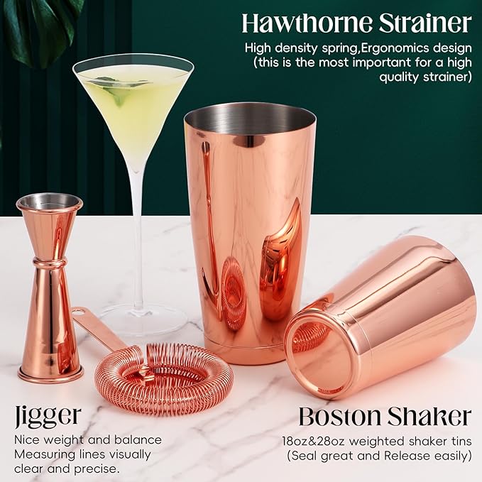 Boston Shaker Set Rose Gold, Stainless Steel Cocktail Shaker Set, 12 Pcs Bartender Kit Includes 18oz & 28oz Shaker Tins, Cocktail Strainer Set, Japanese Jigger and Bar Accessories