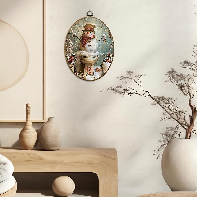 CUANFDDSF Vintage Christmas Snowman Bathroom Oval Wall Art Decor, Funny Winter Xmas Snowman on Toilet Wall Hanging Decor, Christmas Framed Canvas Prints for Bathroom Toilet Washroom, 8.6x11.4 Inch