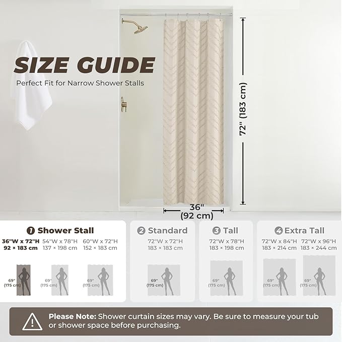 Small Stall Beige Boho Fabric Shower Curtain, 36x72 Half Size, Textured Tufted Chevron Striped Minimalist Cloth Bathroom Shower Curtain