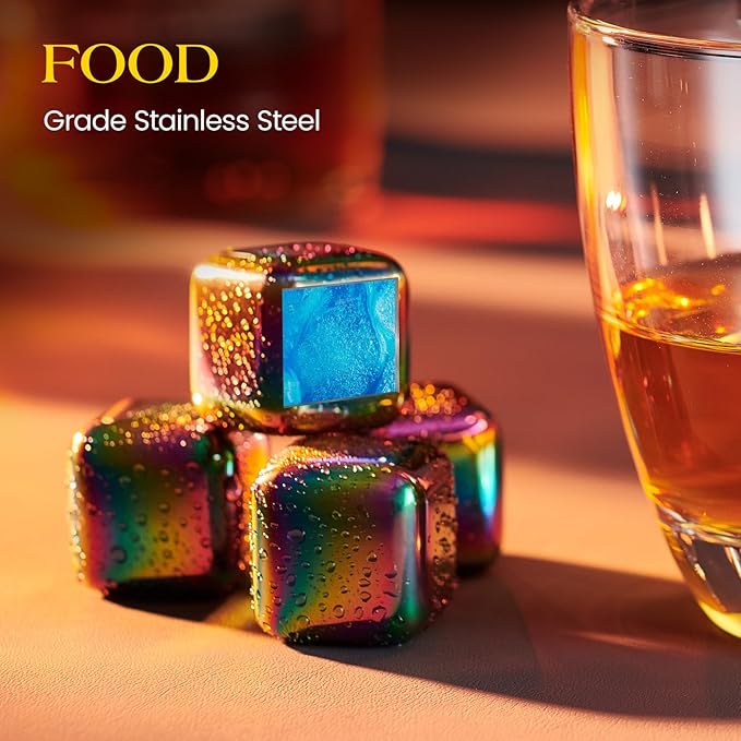 Kollea Whiskey Stones, 8 PCS Multicolor Stainless Steel Whiskey Chilling Rocks, Reusable Ice Cubes for Bottle Drinking, for Men Dad, Boyfriend, Bourbon, Cocktail Bar, Fathers, Anniversary