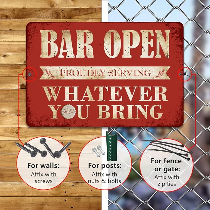Vintage Bar Sign Decor Funny Bar Open Metal Signs for Home Bar Man Cave Decor Gifts - 8 X 12 Inches Indoor & Outdoor - Proudly Serving Whatever You Bring