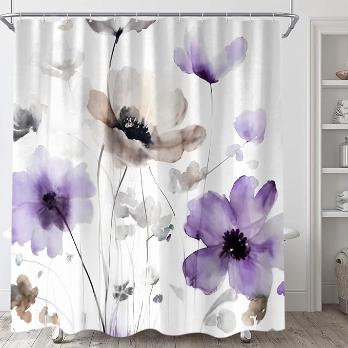 Boho Floral Shower Curtain, Cream Tan Beige Purple Grey White Flower Farmhouse Fabric Shower Curtains Set for Bathroom Decorative with Hooks 72 X 72 inch Spring Bath Decor