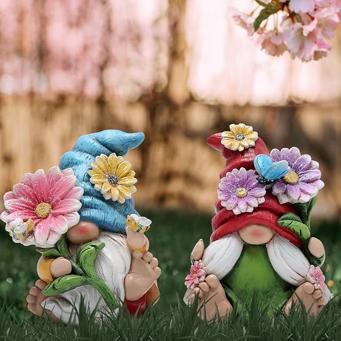 Hodao 2pcs 4" H Spring Summer Gnome Garden Decorations- Tomte Elf Fall Gnome Decorations Gifts -Swedish Elf Dwarf Figurine Table Gnome Decor Indoor Home Decorations (Gnome Color 1)