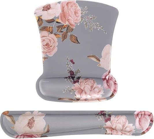 MOSISO Wrist Rest Support for Mouse Pad & Keyboard Set, Peony Ergonomic Mousepad Non-Slip Base Home/Office Pain Relief & Easy Typing Cushion with Neoprene Cloth & Raised Memory Foam, Gray