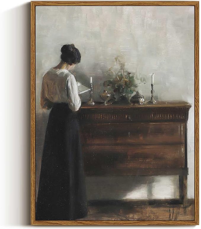 VIYYIEA Framed Wall Art Vintage Decor, Classical Reading Woman Portrait Painting, Retro Bathroom Decor, Framed Canvas Print Artwork for Bedroom Farmhouse, 12"x16"
