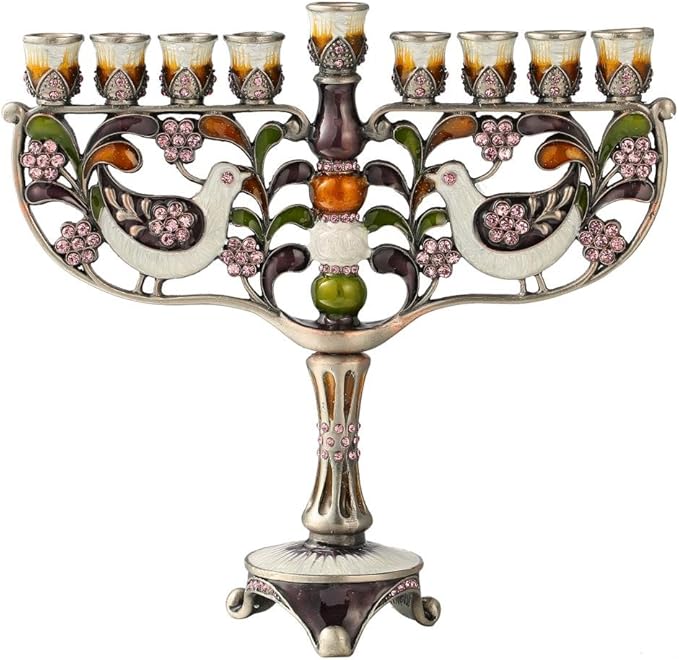 Matashi Hand Painted Enamel Menorah Candelabra with a Doves and Flower Design and Embellished with Gold Accents Crystals, for Hanukkah