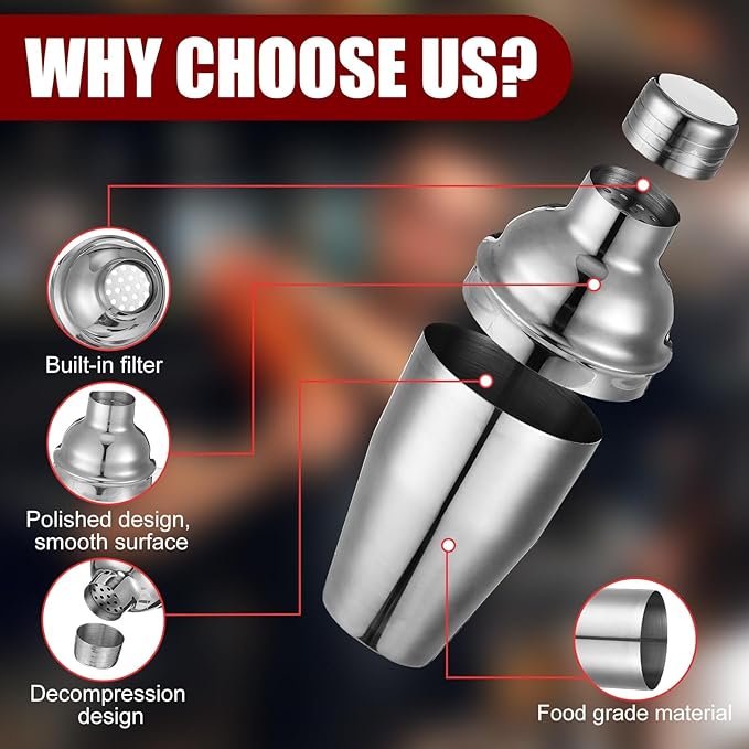 Nitial 9 Pcs Bar Cocktail Shaker Professional Stainless Steel Martini Drink Mixer with Built-in Strainer for Bartending No Leaks Boston Shaker for Bar Party Drink Mixing Tool(18.6 oz)