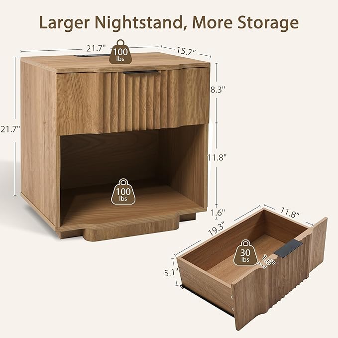 Yechen Fluted Nightstand with 20W Fast Charging Station - Modern Farmhouse Wood Night Stand with Storage Drawer & Shelf, Large Wide Bedside End Table for Bedroom with Curved Profile Base, Natural Oak