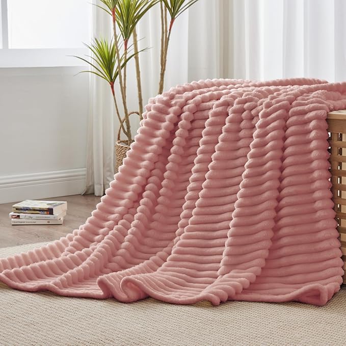 BEDELITE Fleece Throw Blanket for Couch - 300GSM Soft & Warm Fluffy Dusty Pink Blanket, Decorative and Giftable Striped Blankets for Women, Men, 50"x60"