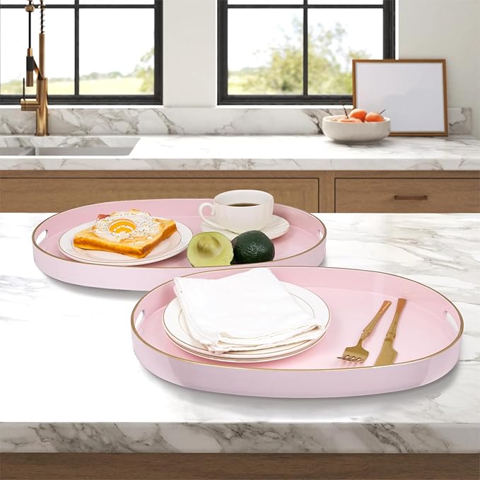 MAONAME Pink Serving Trays with Handles, Oval Decorative Trays for Coffee Table, Nesting Trays Set of 2, Plastic Vanity Trays for Ottoman, Living Room