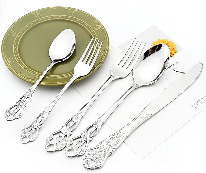 Elegant Silver Silverware Set with Steak Knives 30 Piece Flatware Sets for 6 Tableware Utensils, 18/10 Stainless Steel Cutlery Set Include Knifes Forks Spoons, Mirror Polished Dishwasher Safe