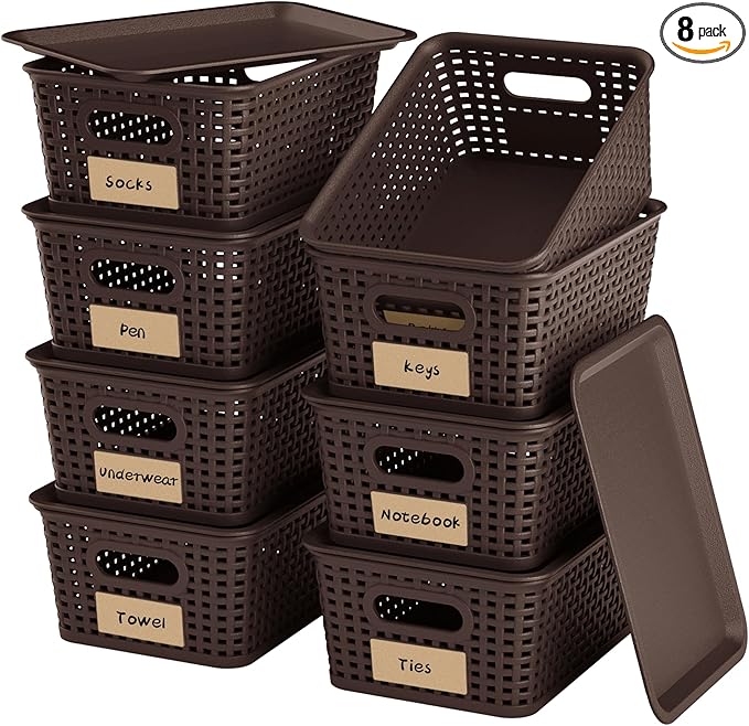 8-Pack Brown Plastic Storage Baskets with Lids, Label Organizers, Stackable Organizer Containers: For Organizing Shelves, Drawers, Desk Closets, Playrooms, Classrooms, Offices