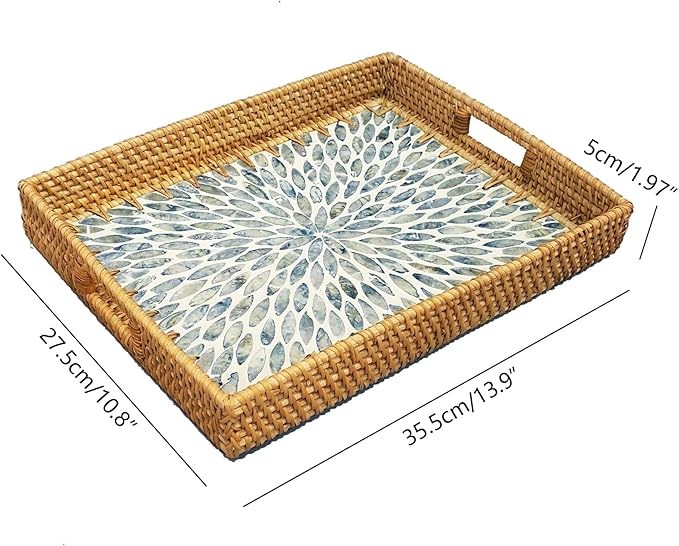 i-lan 14 Inch Rectangular Rattan Woven Tray Basket with Light Blue MOP Wooden Base and Handles, Boho Wicker Coffee Table Serving Tray Décor with 2 Inch Wall, Handmade Display Basket for Dining Room
