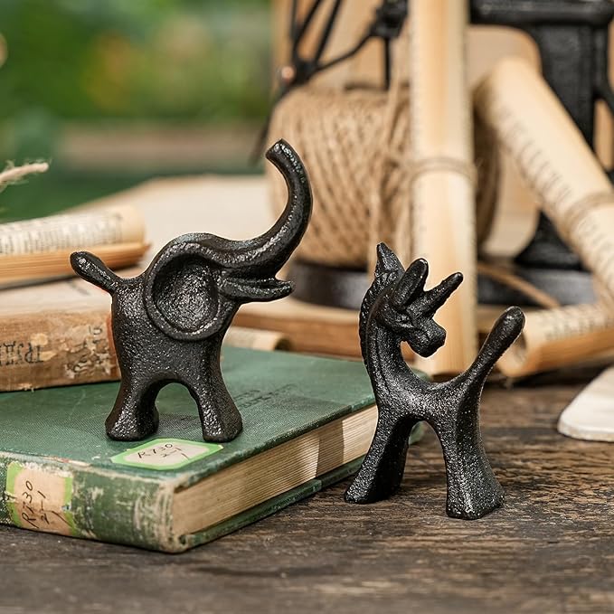 Sungmor Set of 2 Cast Iron Elephant & Unicorn Figurines - Rustic Black Animal Sculptures for Shelf, Desk, or Entryway - Heavyweight Decorative Mini Cute Statues - Whimsical Vintage Home Décor