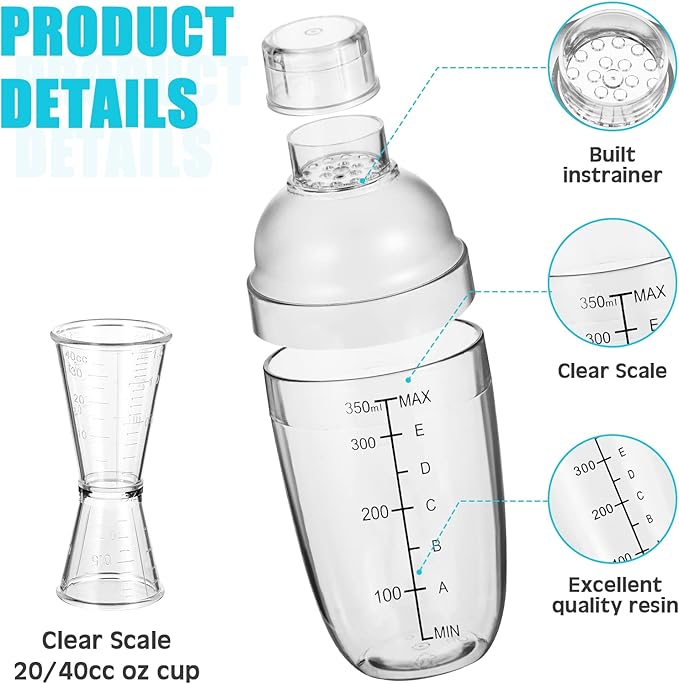 7 Pcs Plastic Cocktail Shaker Set Drink Mixer with Mark Clear Drink Cocktail Shaker and Measuring Jigger Set Ounce Cup Clear for Bar Party Home Use Wine Bar(11.8oz)