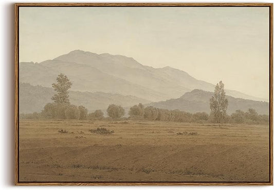KISSFOX Vintage Landscape Framed Wall Art Grassland Mountain Canvas Wall Art Minimalist Neutral Farmhouse Serene Countryside Paintings Artwork Rustic Art Prints For Bedroom Living Room