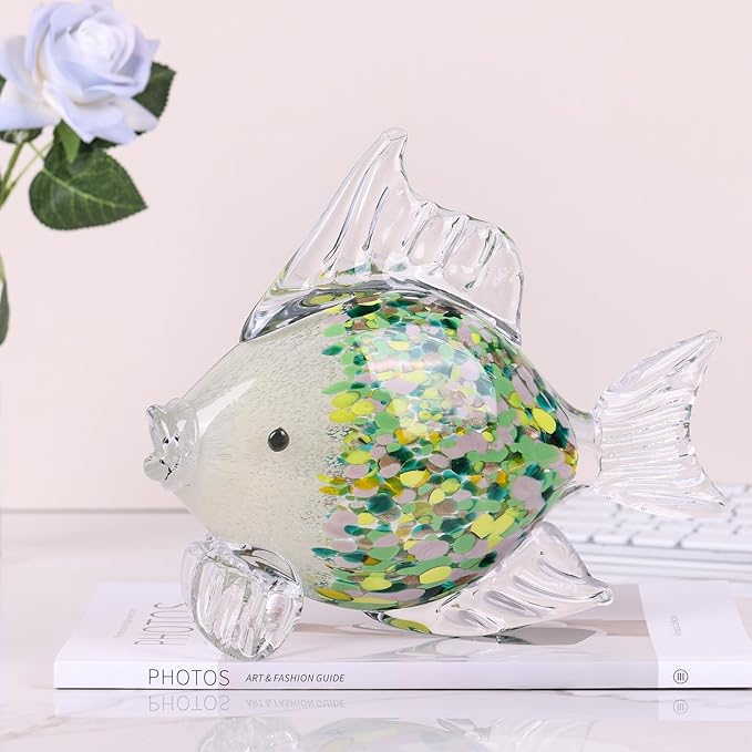9.4 in Blown Colored Glass Fish Statue, Green Glass Fish Paperweight Sculpture for Modern Home Decor, Living Room Coffee Table, Office Desk, Dining Table Centerpiece, and Window Display (D)