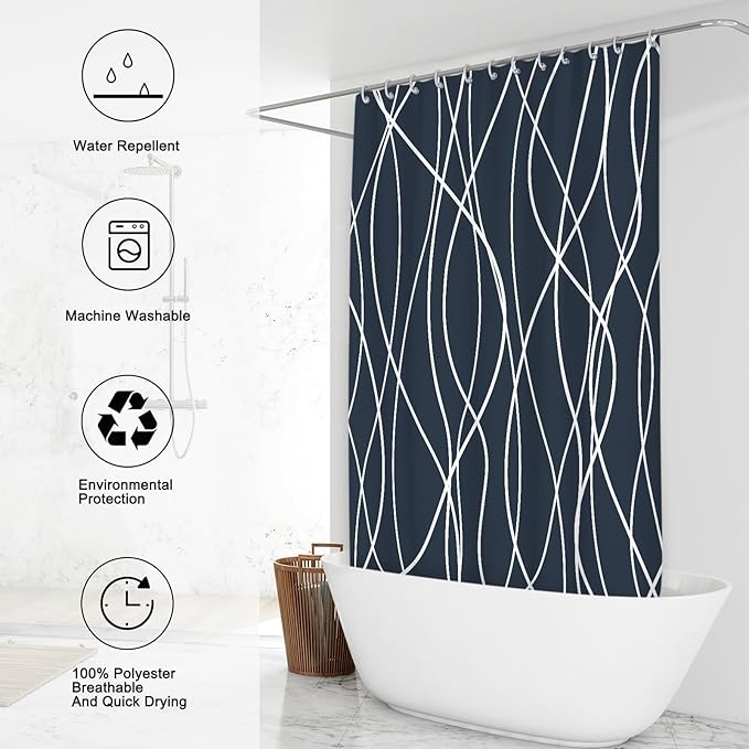 Punkray Aegean Blue Shower Curtain for Bathroom with Hooks, Shower Curtain Set, White Stripe Bath Curtains Decorative Shower Curtains Water Repellent Washable, 72 x 72