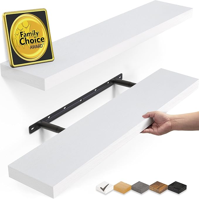 BAYKA Floating Shelves, 22.5 inch Rustic Wood Wall Mounted Shelves for Bathroom, Bedroom, Living Room, Kitchen & Office, Hanging Display Shelf with 22 lbs Capacity (White)