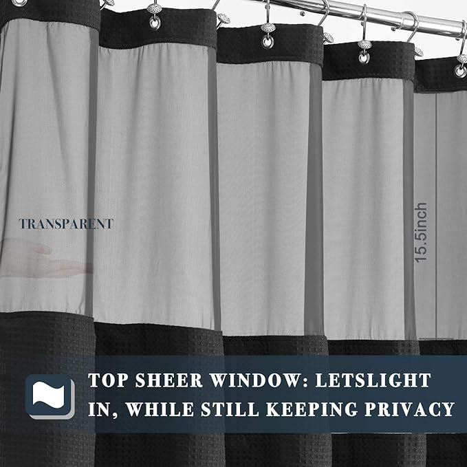 N&Y HOME Waffle Weave Shower Curtain with Snap-in Fabric Liner & 12 Black Hooks Set - Hotel Style, Water-Repellent & Washable, Mesh Top Window - 71x72, Black
