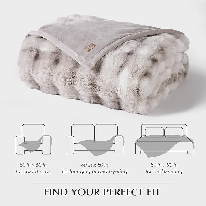 EverGrace Ultra Soft Luxury Fluffy Faux Rabbit Fur Throw Blanket, Thick Warm Bubble Throw for Bed, Cozy Plush Reversible Blankets for Couch, Chair, Sofa, Light Grey, 60x80 Inches