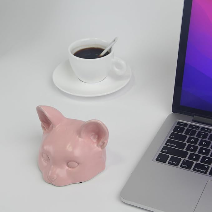 Pink Cat Head Sculpture, Handmade Ceramic Cat Figurines for Shelf Decor, Cute Desk Decor for Cat Lovers, Home Office Decor and Unique Gift (Pink, 4.7x4.5x3.6 in)