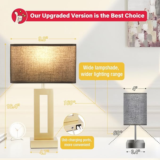 Bedroom Table Lamps Set of 2 - Black Gold Touch Bedside Lamps with USB C+A, 3 Way Dimmable Gold Lamp for Nightstand, Modern Night Stands Lamps for Living Room