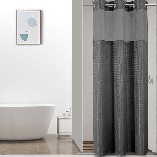 Colorful Star No Hook Waffle Shower Curtain with Snap in Fabric, Waterproof Shower Curtains with See Through Top Window, Small Stall Bathroom Curtain and Liner Set, 36'' x 75'', Charcoal Grey