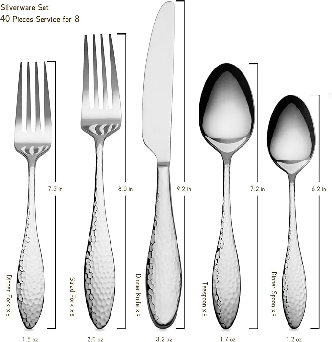 Alata Emma 40-Piece 18/10 Silverware Set, Hammered Flatware Set, Heavy Duty Stainless Steel Cutlery Set, Modern Kitchen Utensils, Dinnerware Sets Service for 8, Mirror Polished & Dishwasher Safe