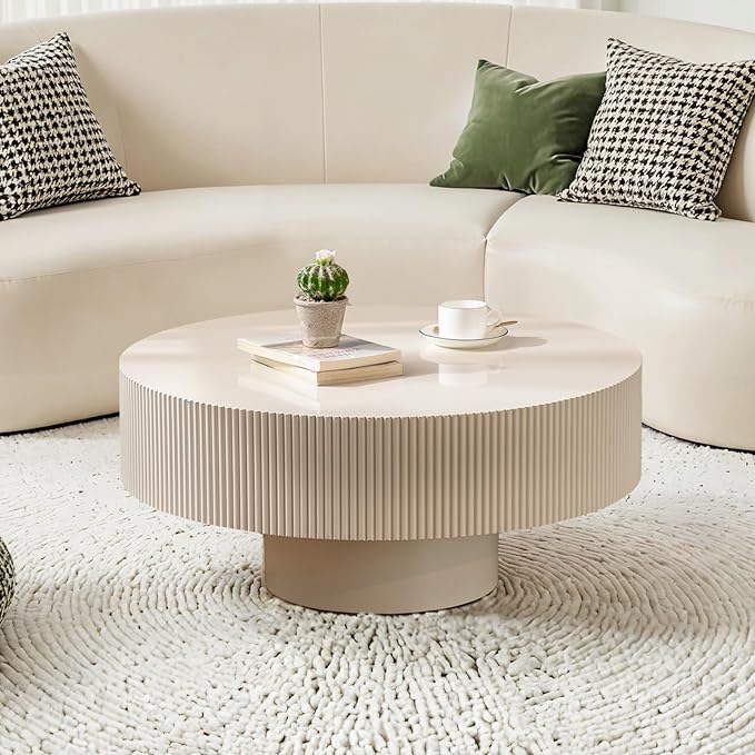 Round Fluted Coffee Table Mid Century Modern Coffee Tables with Handcrafted Relief Circle Drum End Table Rustic Industrial Center Tables for Apartment Living Room (White Round Thick)