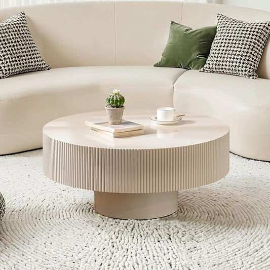 Round Fluted Coffee Table Mid Century Modern Coffee Tables with Handcrafted Relief Circle Drum End Table Rustic Industrial Center Tables for Apartment Living Room (White Round Thick)