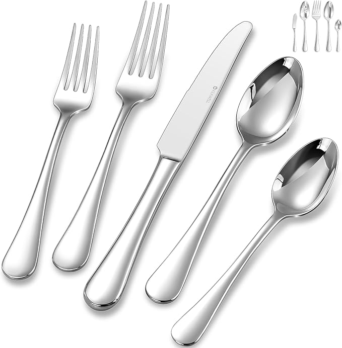 KEAWELL Premium Verona 65-Piece Silverware Set for 12 – Heavy Duty 18/10 Stainless Steel, Brilliant Mirror Finish, Smooth Edges, Dishwasher Safe (65, Silver)