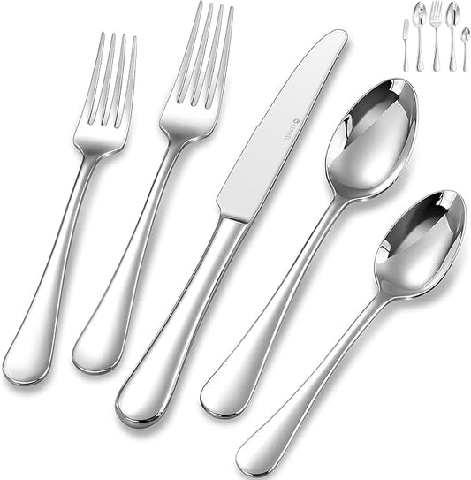 KEAWELL Premium Verona 65-Piece Silverware Set for 12 – Heavy Duty 18/10 Stainless Steel, Brilliant Mirror Finish, Smooth Edges, Dishwasher Safe (65, Silver)