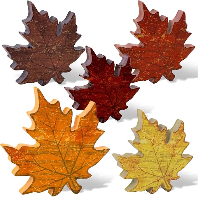 5pcs Fall Decorations for Home – Wooden Maple Leaves Set for Thanksgiving Table Centerpieces, Autumn Tabletop, Office Desk Decor
